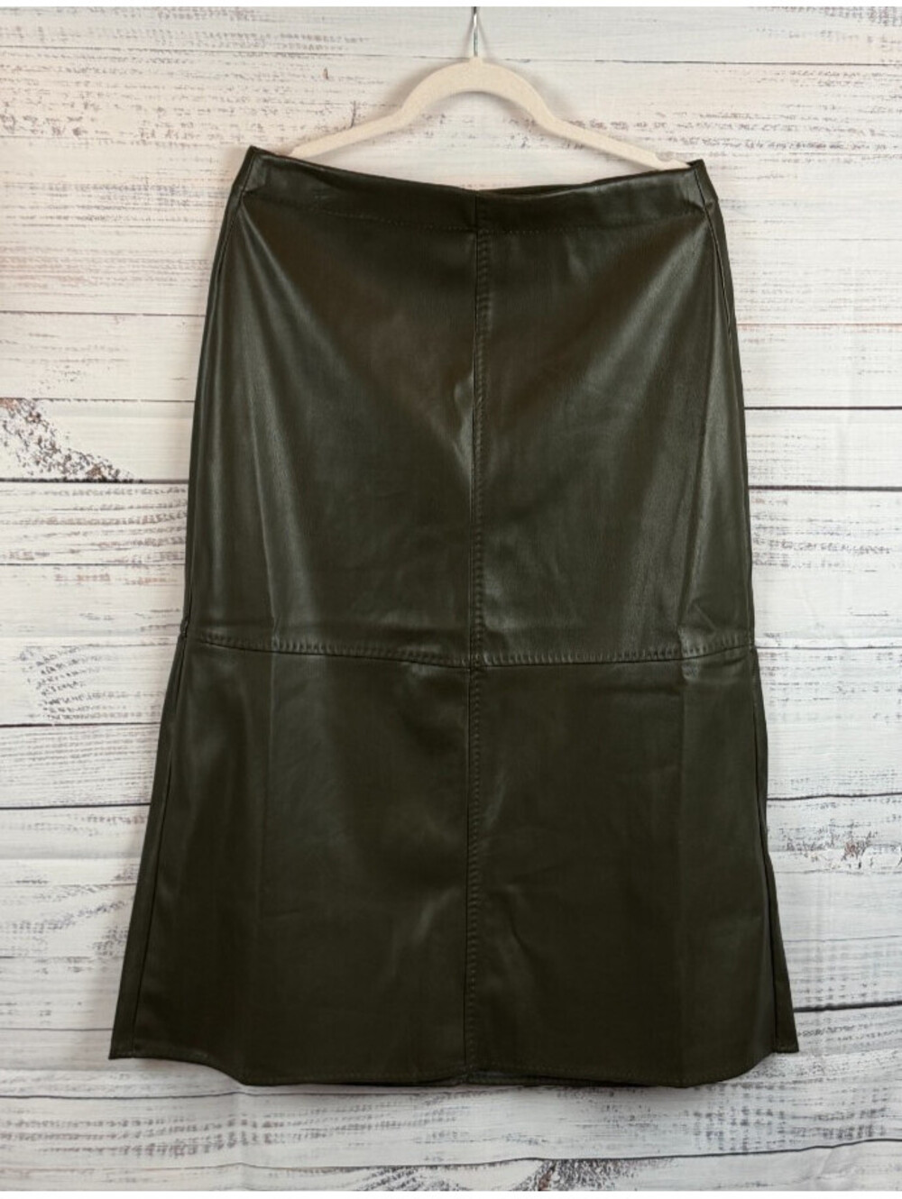 MAX STUDIO A-line dark olive green faux vegan leather stretch skirt size L NWT